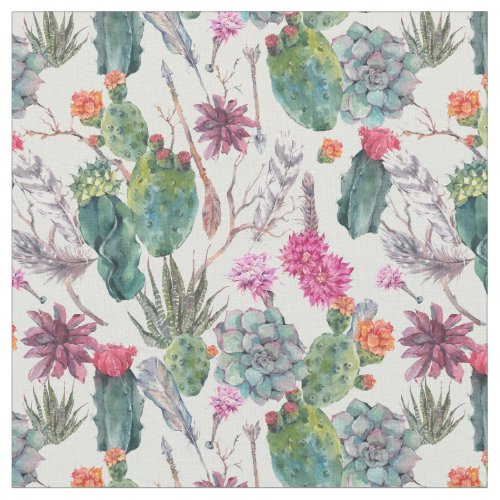 Exotic Boho Watercolor Cactus  Succulent Pattern Fabric
