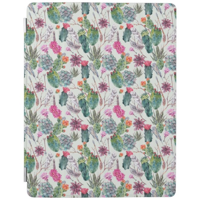 Exotic Boho Watercolor Cactus & Succulent Pattern iPad Smart Cover (Front)