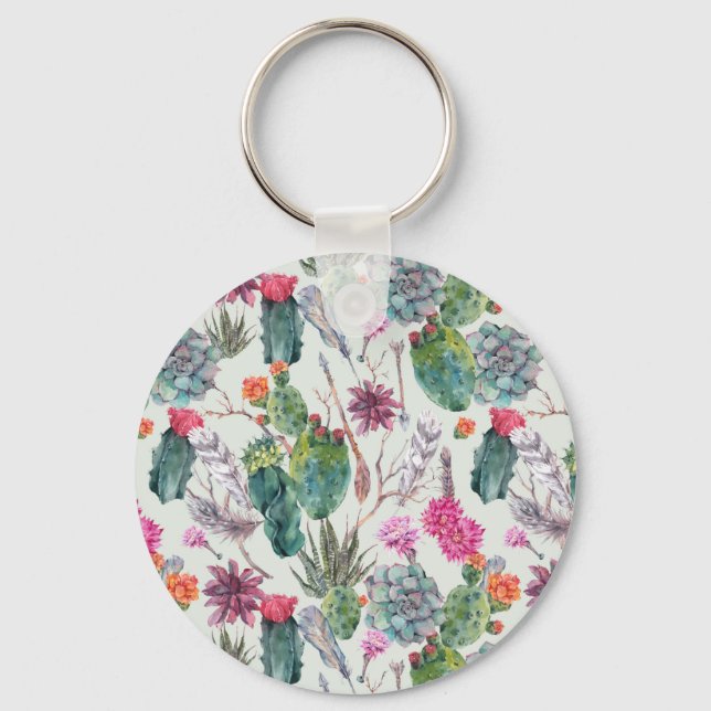 Exotic Boho Watercolor Cactus & Succulent Pattern Keychain (Front)