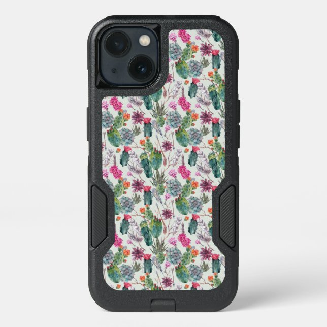Exotic Boho Watercolor Cactus & Succulent Pattern Otterbox iPhone Case (Back)