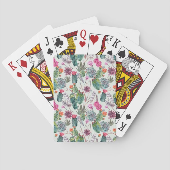 Exotic Boho Watercolor Cactus & Succulent Pattern Poker Cards (Back)