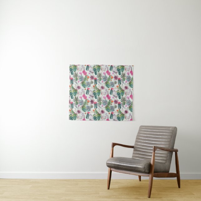 Exotic Boho Watercolor Cactus & Succulent Pattern Tapestry (In Situ (Horizontal))