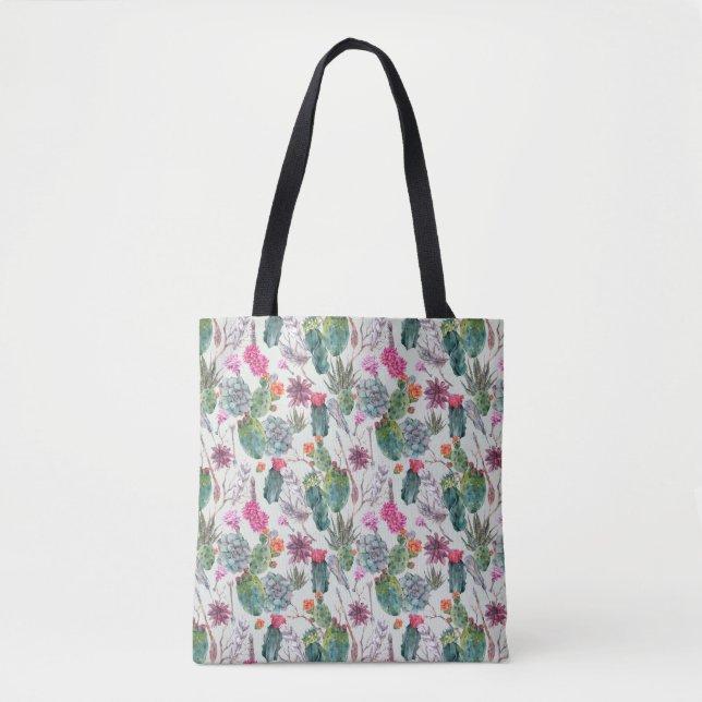 Exotic Boho Watercolor Cactus & Succulent Pattern Tote Bag (Front)
