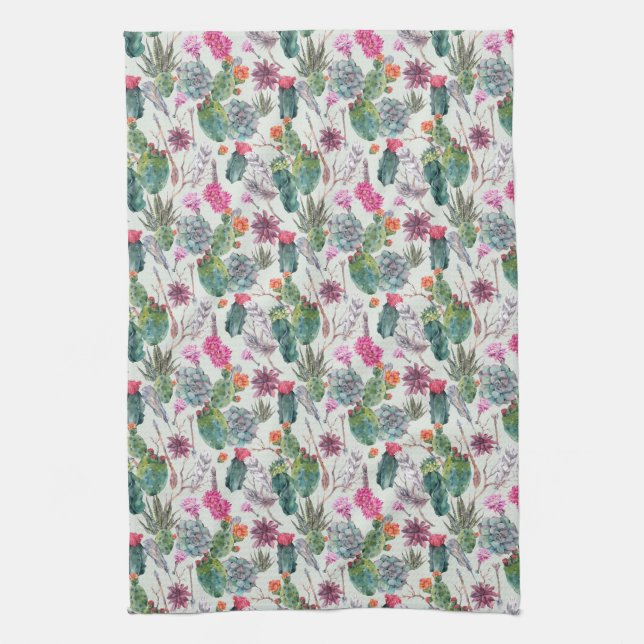 Exotic Boho Watercolor Cactus & Succulent Pattern Towel (Vertical)