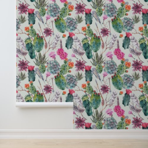 Exotic Boho Watercolor Cactus  Succulent Pattern Wallpaper