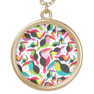 exotic brazil toucan bird background gold plated necklace