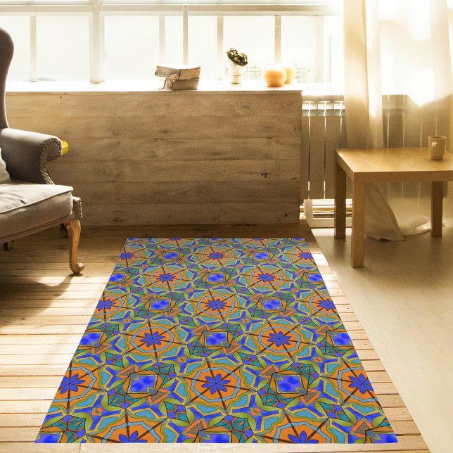 Exotic Bright Blue and Marigold Orange Patterned Rug (Creator Uploaded)