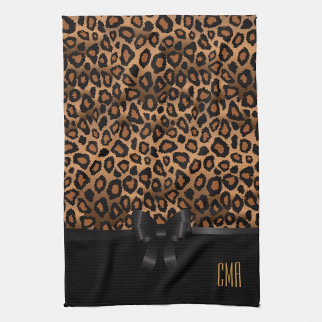 Exotic Brown Leopard Animal | Monogram Kitchen Towel (Vertical)
