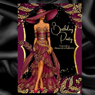 Exotic Burgundy Dress Gold Feather Birthday Party Invitation