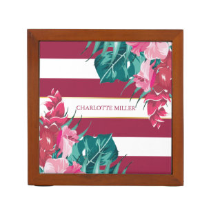 Exotic burgundy Floral personalized striped Desk Organizer