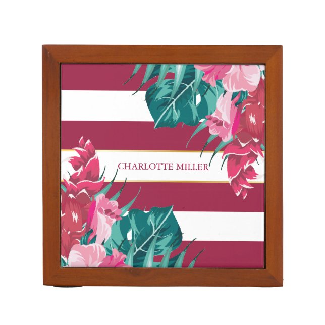 Exotic burgundy Floral personalized striped Desk Organizer (Front)