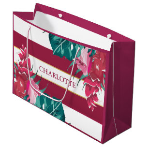Exotic burgundy Floral Personalized striped Large Gift Bag