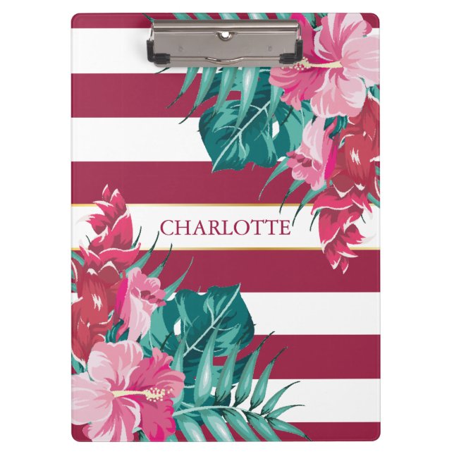 Exotic burgundy Monogram Floral striped Clipboard (Front)