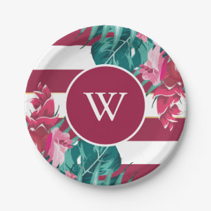 Exotic burgundy personalized Floral striped Paper Plates