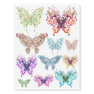 Exotic Butterflies Filigree pink purple blue green Temporary Tattoos