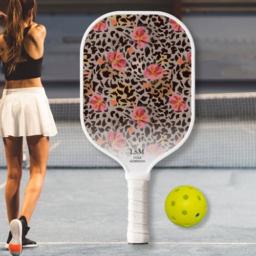 Exotic Cheetah Hibiscus Floral Pattern Custom Text Pickleball Paddle