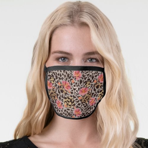 Exotic Cheetah Print With Hibiscus Floral Pattern Face Mask