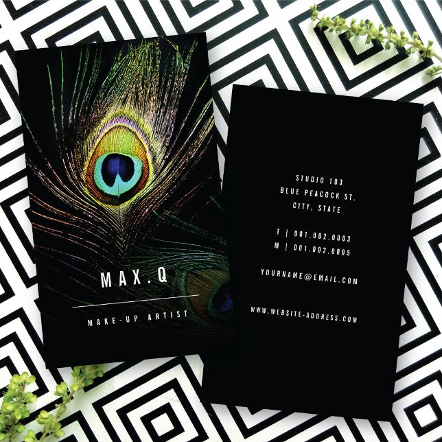 Exotic Chic Peacock Plume Aesthetic Makeup Artist Business Card (Stylish Chic Peacock Feathers Photo Make-up Artist Business Card @ color_therapy)