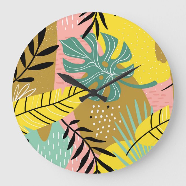 Exotic Collage: Tropical Plants Pattern Large Clock (Front)
