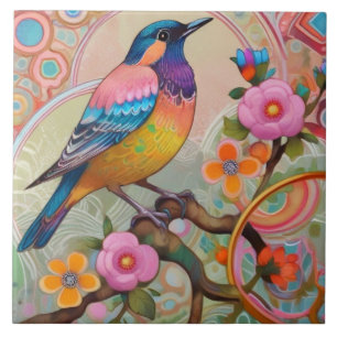 Exotic Colorful Fantasy Bird Pastel Pink Floral Ceramic Tile
