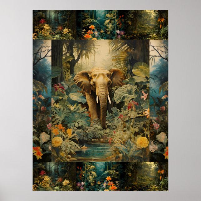 Exotic Colorful Forest Elephant Art Collage Poster (Front)