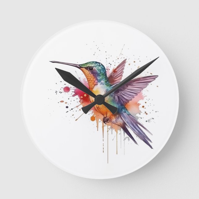 exotic colorful hummingbird in flight watercolor round clock (Front)