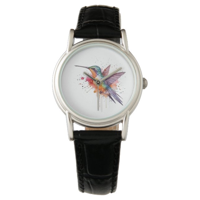 exotic colorful hummingbird in flight watercolor watch (Front)
