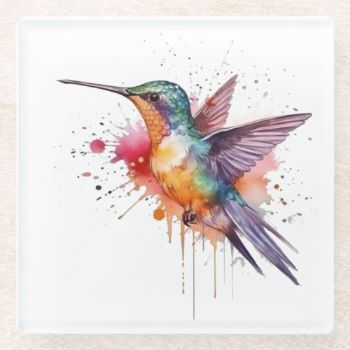 exotic colorful hummingbird in water color glass coaster