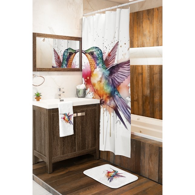 exotic colorful hummingbird in watercolor bath mat (Creator Uploaded)