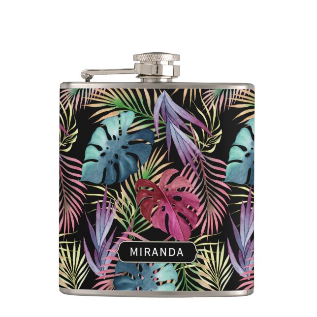 Exotic Colorful Jungle Pattern with Name Hip Flask (Front)