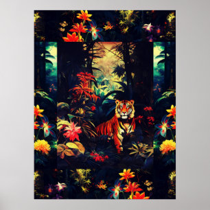 Exotic Colorful Tiger In Forest Art Collage Poster
