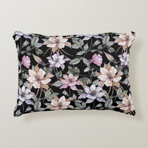 Exotic Columbine Black Floral Watercolor Accent Pillow