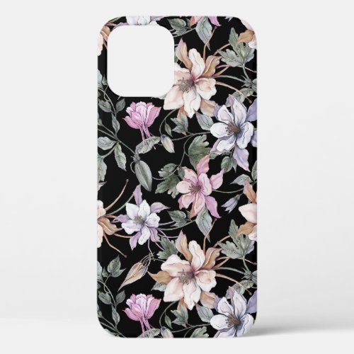 Exotic Columbine Black Floral Watercolor iPhone 12 Case