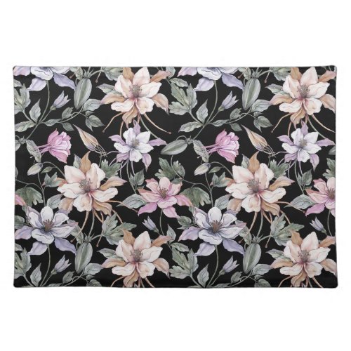 Exotic Columbine Black Floral Watercolor Cloth Placemat