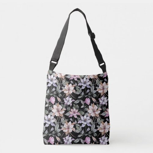 Exotic Columbine Black Floral Watercolor Crossbody Bag