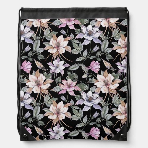 Exotic Columbine Black Floral Watercolor Drawstring Bag