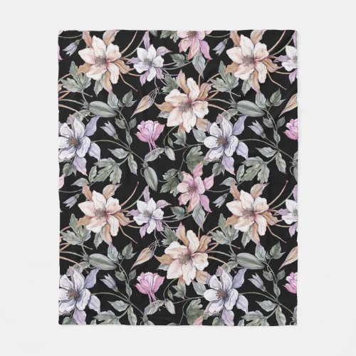 Exotic Columbine Black Floral Watercolor Fleece Blanket