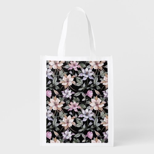 Exotic Columbine Black Floral Watercolor Grocery Bag