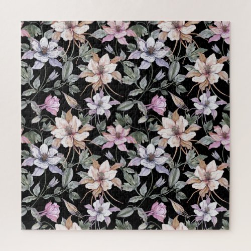 Exotic Columbine Black Floral Watercolor Jigsaw Puzzle