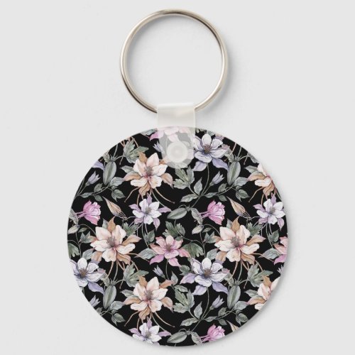 Exotic Columbine Black Floral Watercolor Keychain
