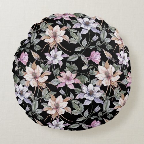 Exotic Columbine Black Floral Watercolor Round Pillow