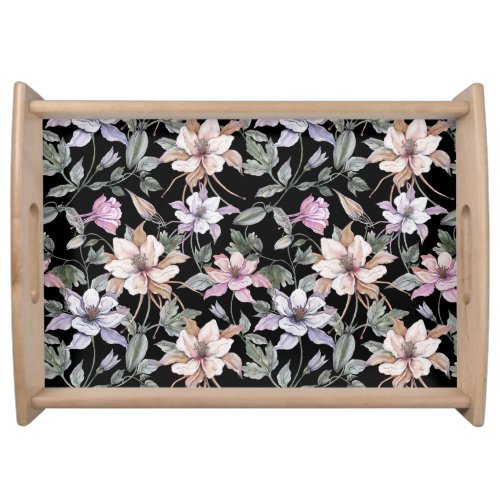 Exotic Columbine Black Floral Watercolor Serving Tray