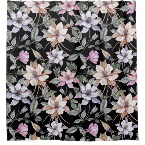 Exotic Columbine Black Floral Watercolor Shower Curtain
