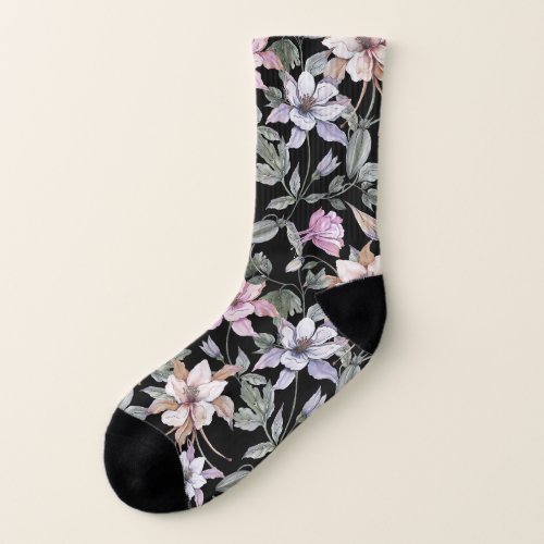 Exotic Columbine Black Floral Watercolor Socks