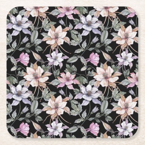 Exotic Columbine Black Floral Watercolor Square Paper Coaster