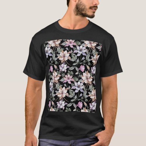 Exotic Columbine Black Floral Watercolor T_Shirt