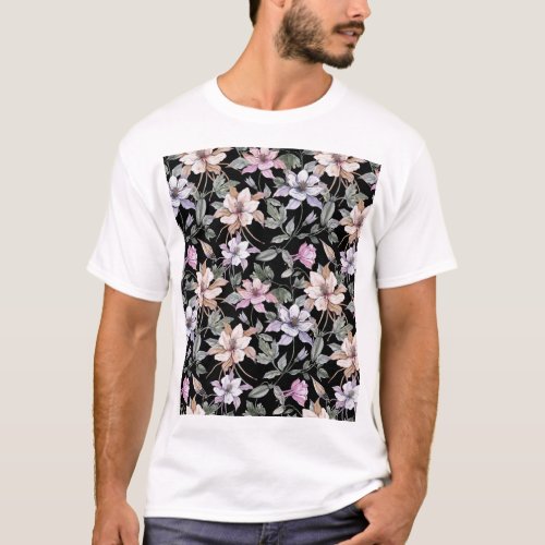 Exotic Columbine Black Floral Watercolor T_Shirt