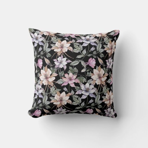 Exotic Columbine Black Floral Watercolor Throw Pillow