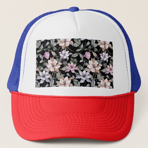 Exotic Columbine Black Floral Watercolor Trucker Hat