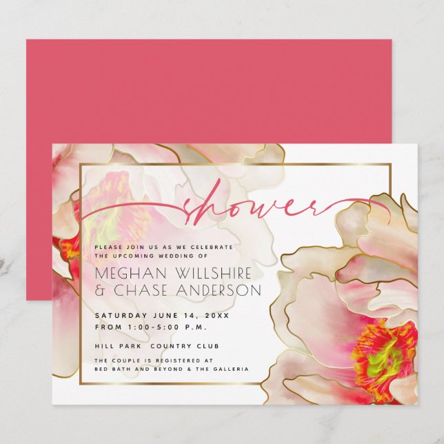 Exotic Coral Rose Peony Couple's Shower  Invitatio Invitation (Front/Back)